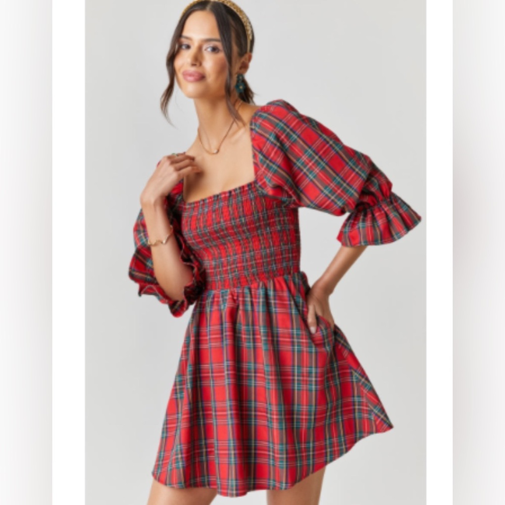Red Plaid Smocked Women's Dress with Pockets!